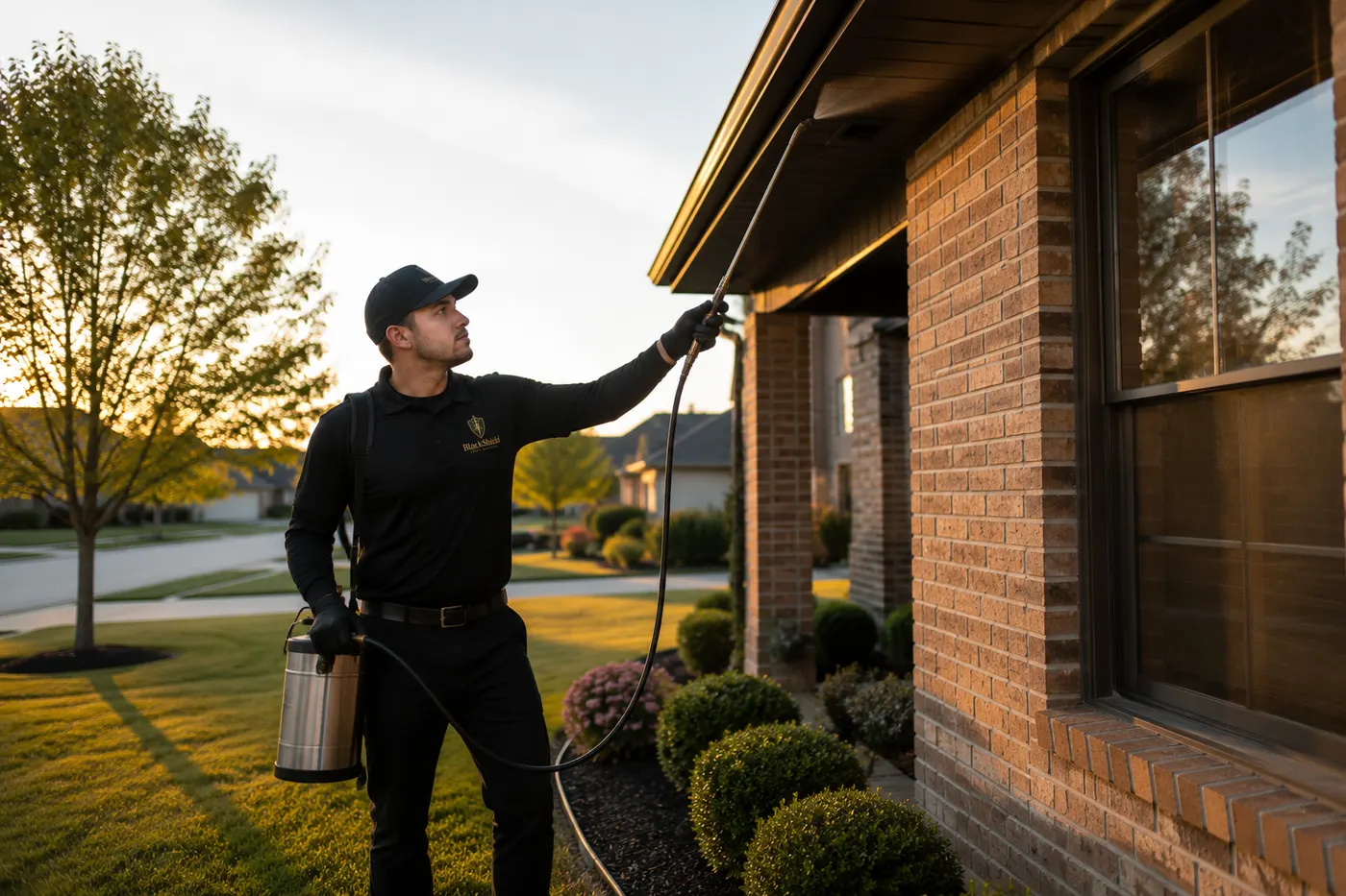 BlackShield technician treating the roofline and eaves of a home in the Indianapolis area