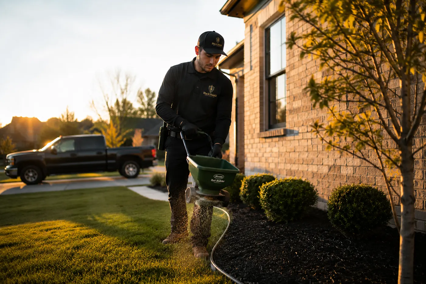 BlackShield technician applying granular deep soil treatment to a yard